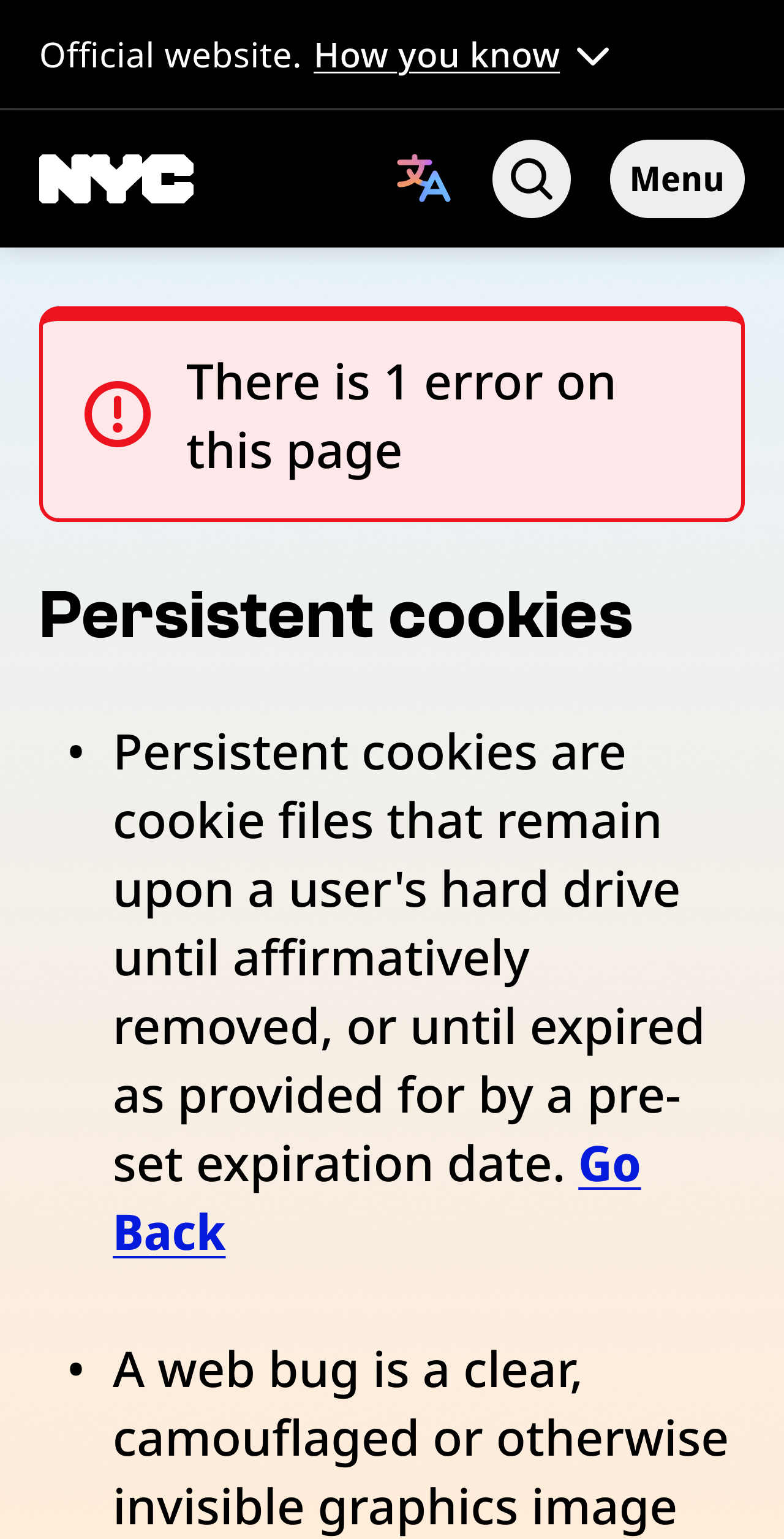 nyc.gov mobile portrait view with an error summary component at the top of the page below the mobile navigation controls. There is 1 error on this page, above the Persistent cookies, heading and a bulleted list about web cookies.